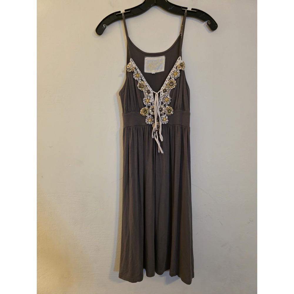 Soul Revival Gray Crochet Beaded Boho Empire Waist Modal‎ Mini Dress Small